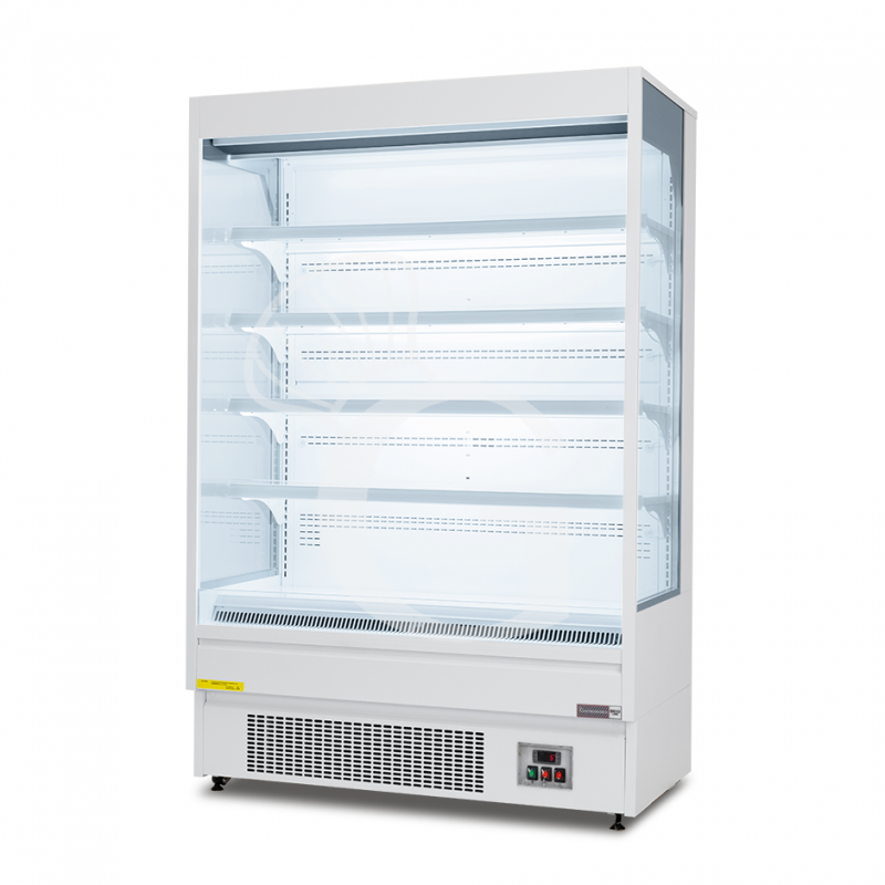 Murale espositivo ventilato bianco con tenda notte, temperatura -1°C/+7°C e lunghezza 1315 mm