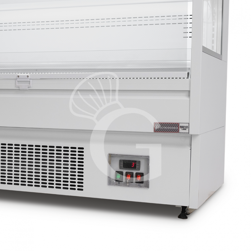 Murale espositivo ventilato bianco con tenda notte, temperatura -1°C/+7°C e lunghezza 1315 mm