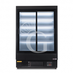 Murale espositivo ventilato nero con porte scorrevoli, temperatura -1°C/+7°C e L 1315 mm