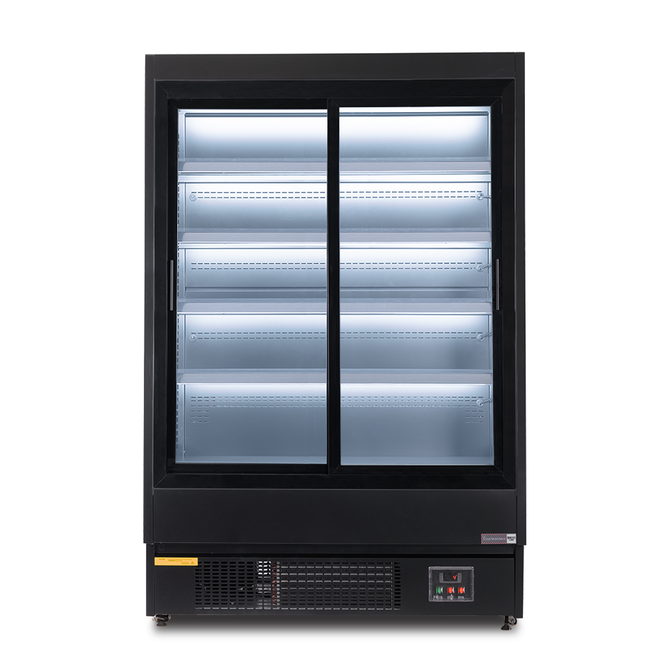 Murale espositivo ventilato nero con porte scorrevoli, temperatura -1°C/+7°C e L 1315 mm