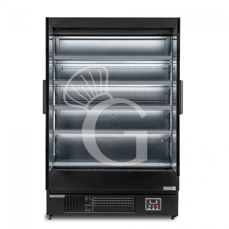 Murale espositivo ventilato nero con porte battenti, temperatura -1°C/+7°C e L 1315 mm