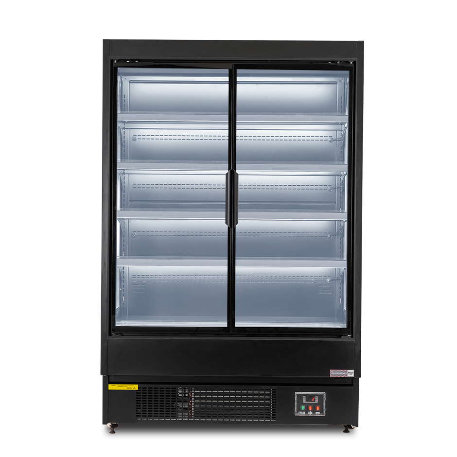 Murale espositivo ventilato nero con porte battenti, temperatura -1°C/+7°C e L 1315 mm
