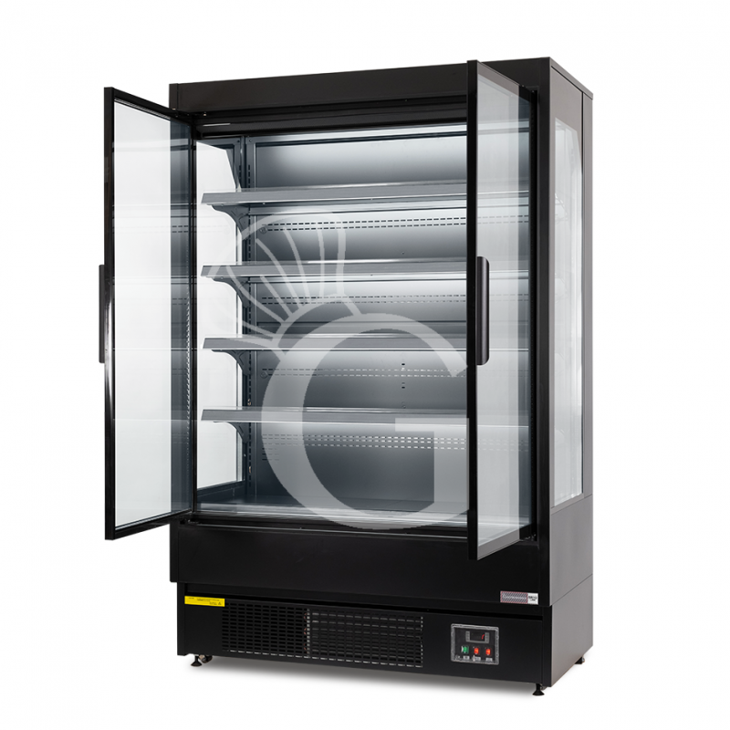 Murale espositivo ventilato nero con porte battenti, temperatura -1°C/+7°C e L 1315 mm