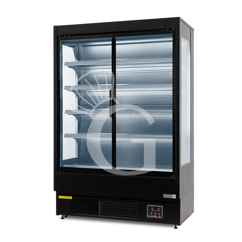 Murale espositivo ventilato nero con porte battenti, temperatura -1°C/+7°C e L 1315 mm