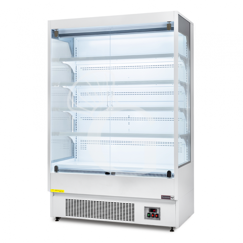 Murale espositivo ventilato bianco con porte battenti, temperatura -1°C/+7°C e L 1315 mm