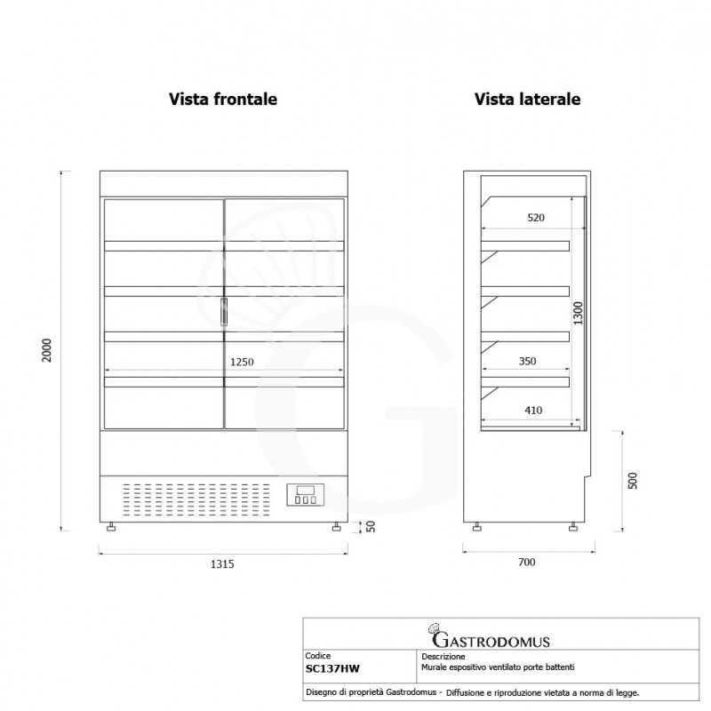 Murale espositivo ventilato bianco con porte battenti, temperatura -1°C/+7°C e L 1315 mm