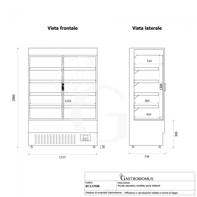 Murale espositivo ventilato nero con porte battenti, temperatura -1°C/+7°C e L 1315 mm