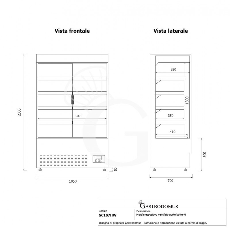 Murale espositivo ventilato nero con porte battenti, temperatura -1°C/+7°C e L 1050 mm