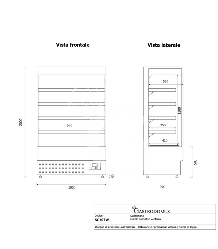 Murale espositivo ventilato bianco con tenda notte, temperatura -1°C/+7°C e lunghezza 1050 mm