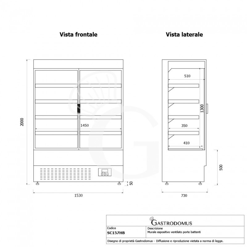 Murale espositivo ventilato nero con porte battenti, temperatura -1°C/+7°C e L 1520 mm