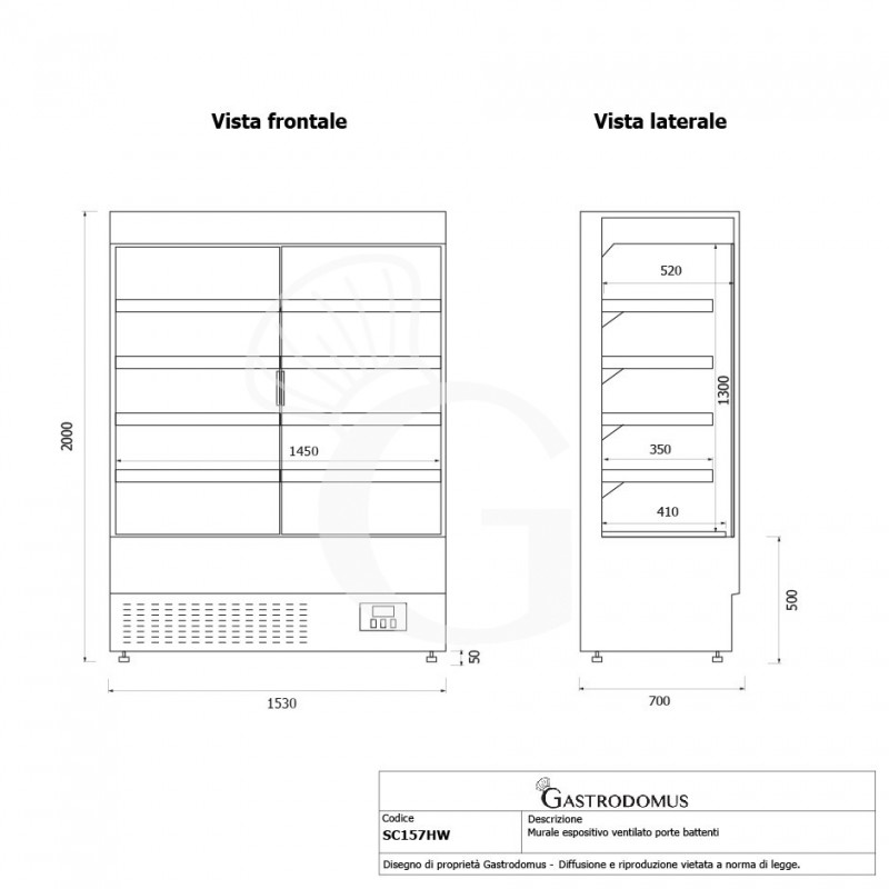 Murale espositivo ventilato bianco con porte battenti, temperatura -1°C/+7°C e L 1520 mm