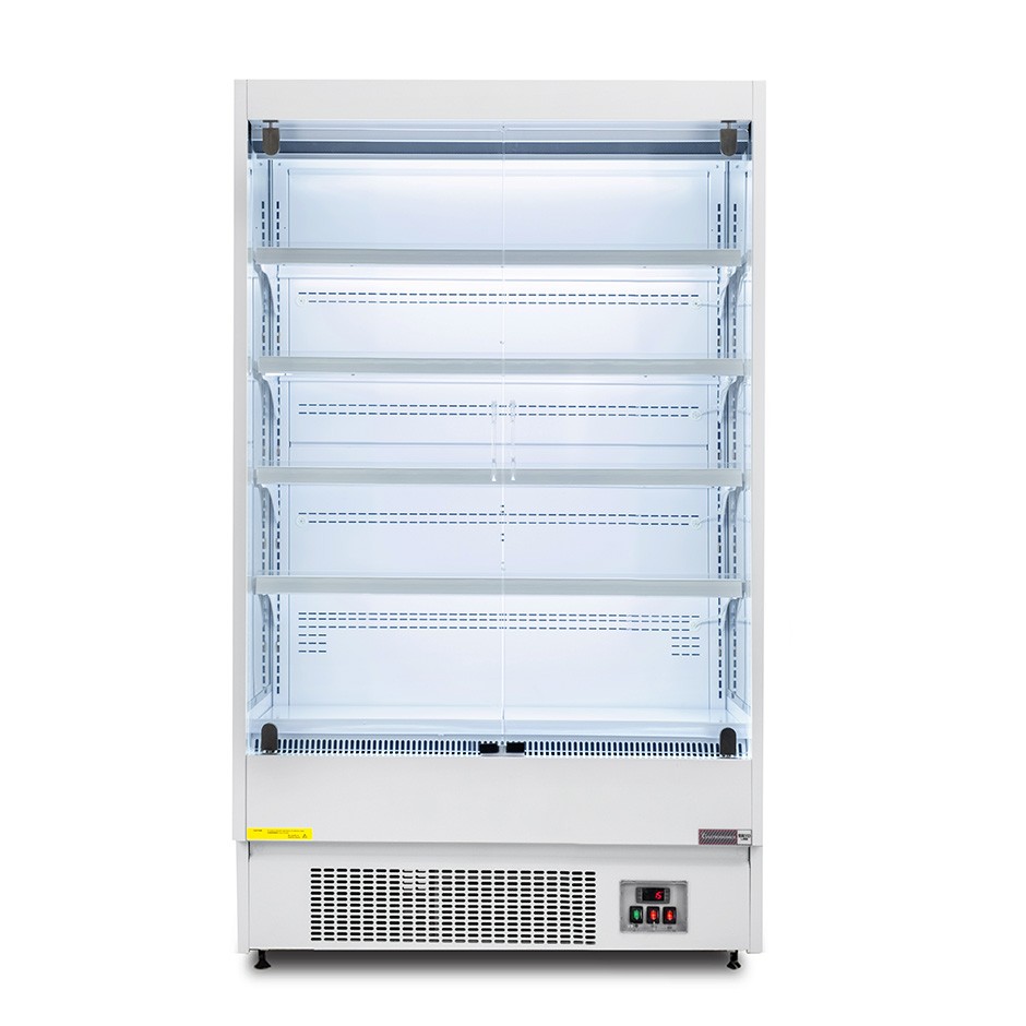Murale espositivo ventilato bianco con porte battenti, temperatura -1°C/+7°C e L 1050 mm