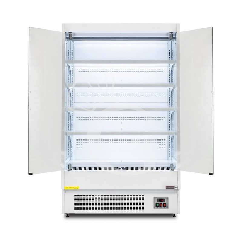 Murale espositivo ventilato bianco con porte battenti, temperatura -1°C/+7°C e L 1050 mm
