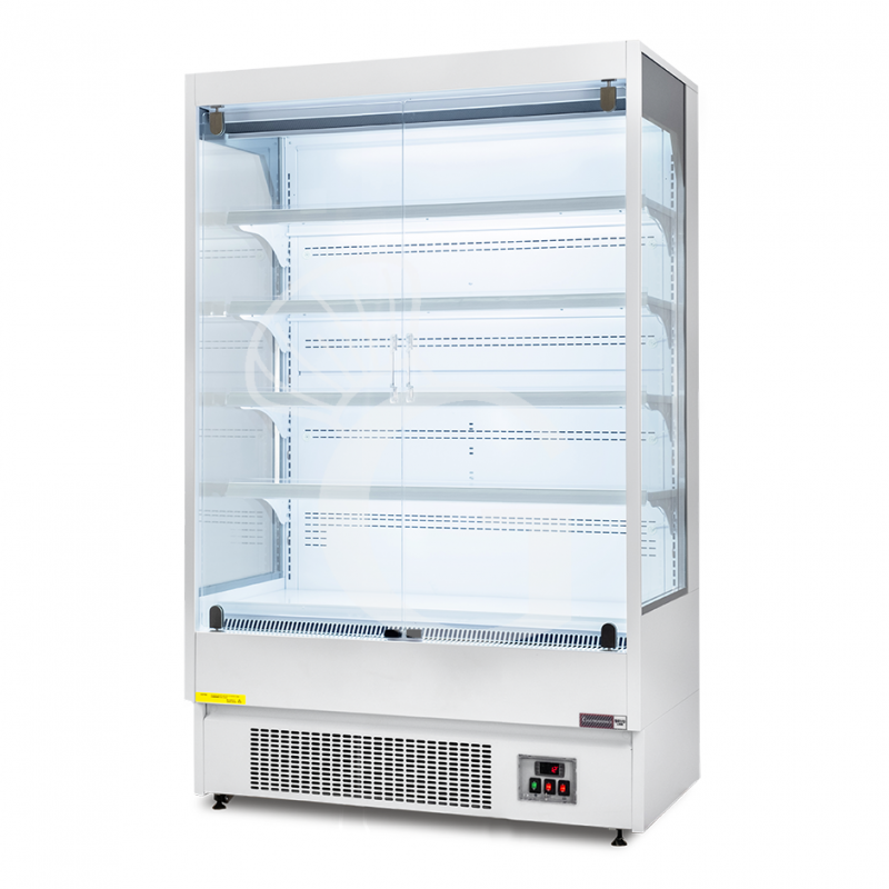 Murale espositivo ventilato bianco con porte battenti, temperatura -1°C/+7°C e L 1050 mm