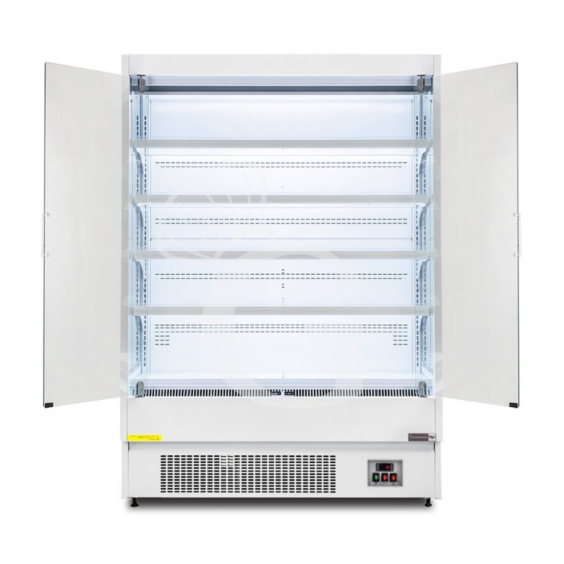 Murale espositivo ventilato bianco con porte battenti, temperatura -1°C/+7°C e L 1520 mm