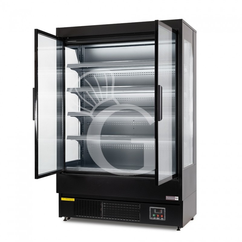 Murale espositivo ventilato nero con porte battenti, temperatura -1°C/+7°C e L 1050 mm