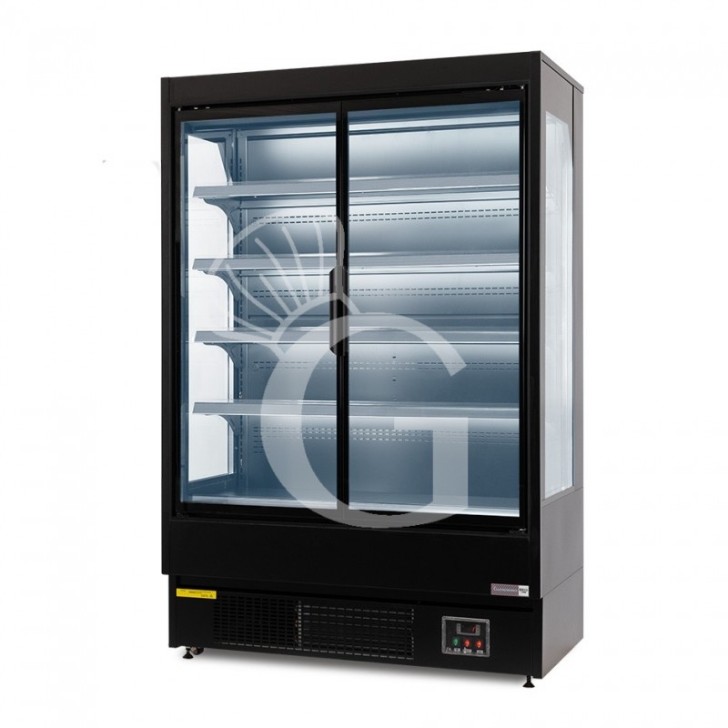 Murale espositivo ventilato nero con porte battenti, temperatura -1°C/+7°C e L 1050 mm