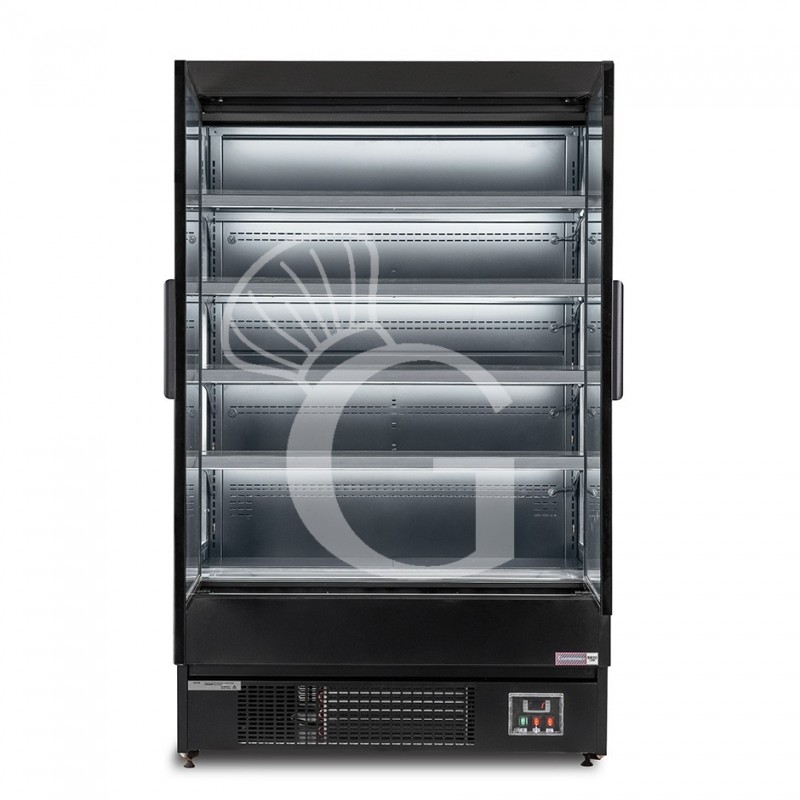 Murale espositivo ventilato nero con porte battenti, temperatura -1°C/+7°C e L 1050 mm