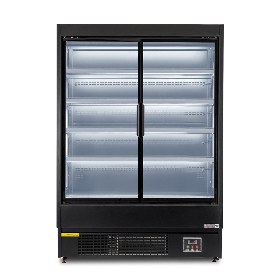 Murale espositivo ventilato nero con porte battenti, temperatura -1°C/+7°C e L 1520 mm