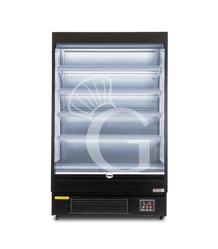 Murale espositivo ventilato nero con tenda notte, temperatura -1°C/+7°C e lunghezza 1050 mm
