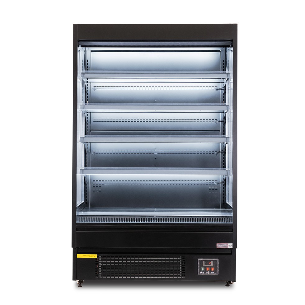 Murale espositivo ventilato nero con tenda notte, temperatura -1°C/+7°C e lunghezza 1050 mm