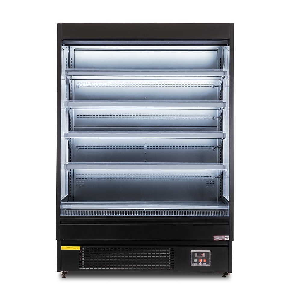 Murale espositivo ventilato nero con tenda notte, temperatura -1°C/+7°C e lunghezza 1520 mm