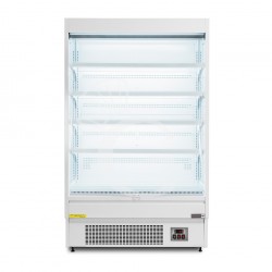 Murale espositivo ventilato bianco con tenda notte, temperatura -1°C/+7°C e lunghezza 1050 mm