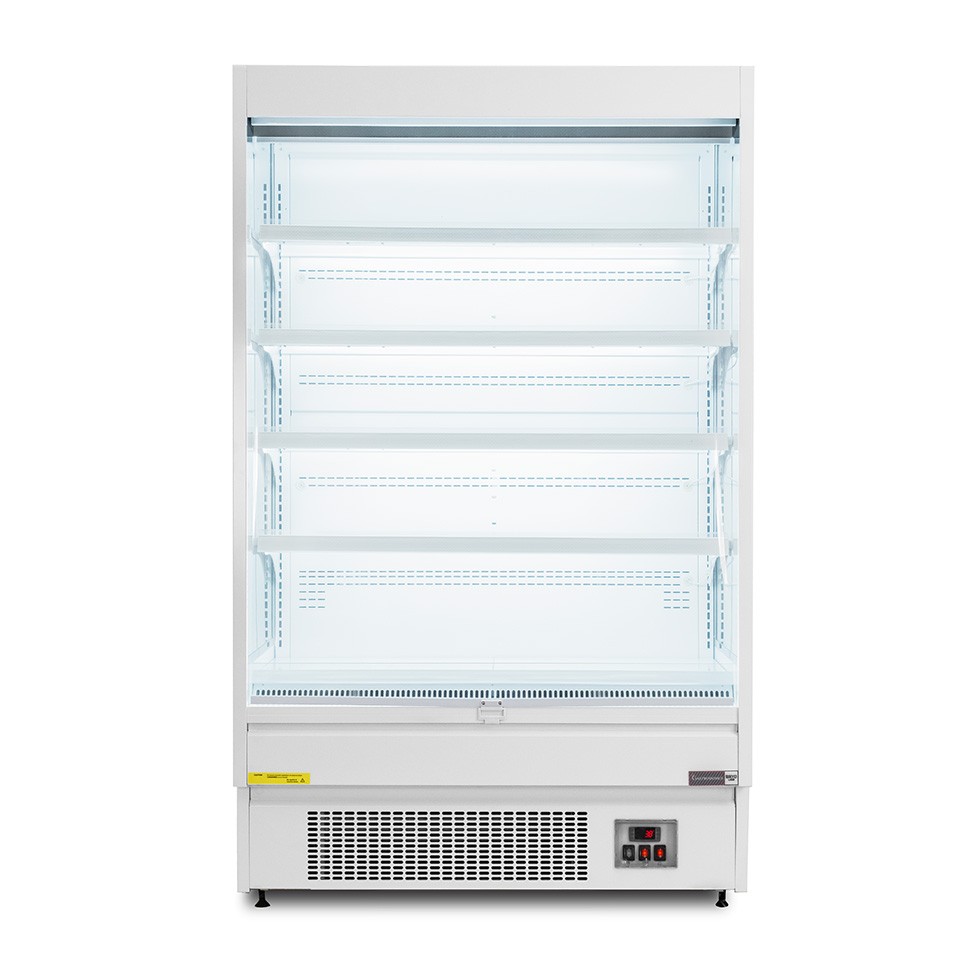 Murale espositivo ventilato bianco con tenda notte, temperatura -1°C/+7°C e lunghezza 1050 mm