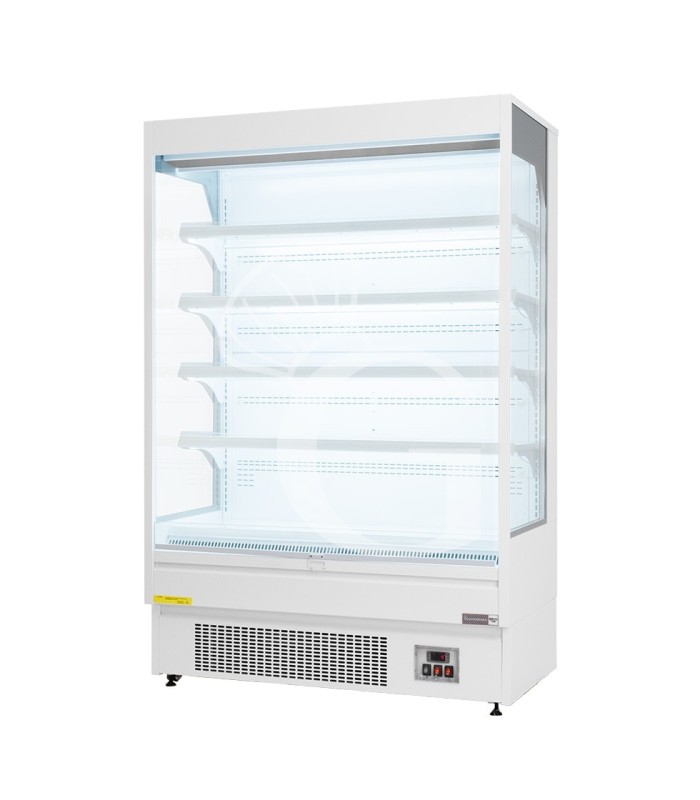 Murale espositivo ventilato bianco con tenda notte, temperatura -1°C/+7°C e lunghezza 1050 mm