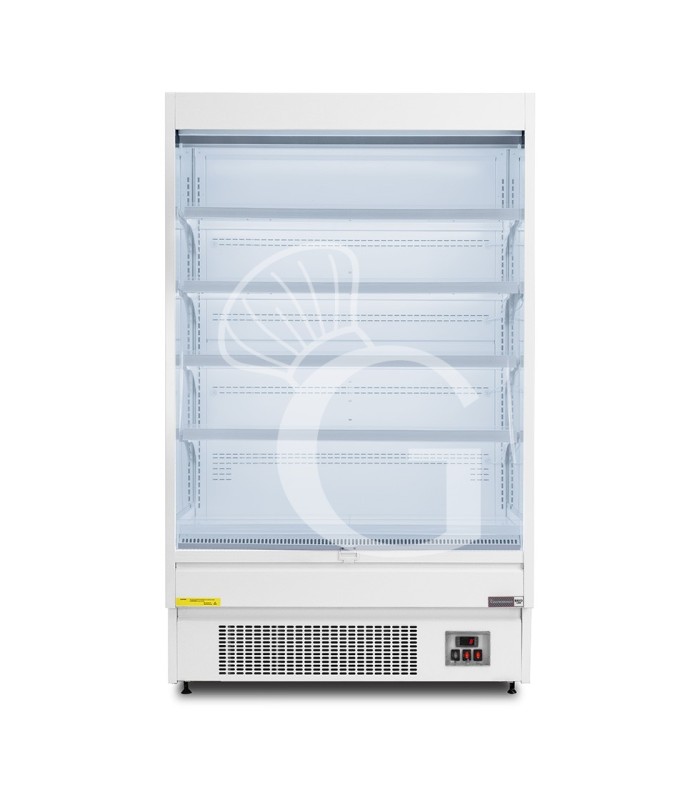 Murale espositivo ventilato bianco con tenda notte, temperatura -1°C/+7°C e lunghezza 1050 mm