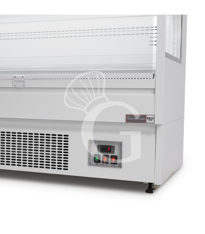 Murale espositivo ventilato bianco con tenda notte, temperatura -1°C/+7°C e lunghezza 1050 mm