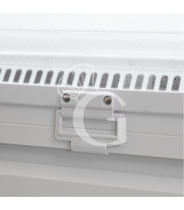 Murale espositivo ventilato bianco con tenda notte, temperatura -1°C/+7°C e lunghezza 1050 mm