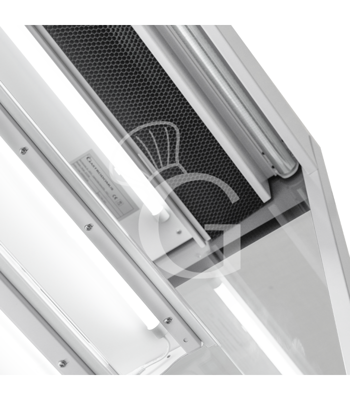 Murale espositivo ventilato bianco con tenda notte, temperatura -1°C/+7°C e lunghezza 1050 mm