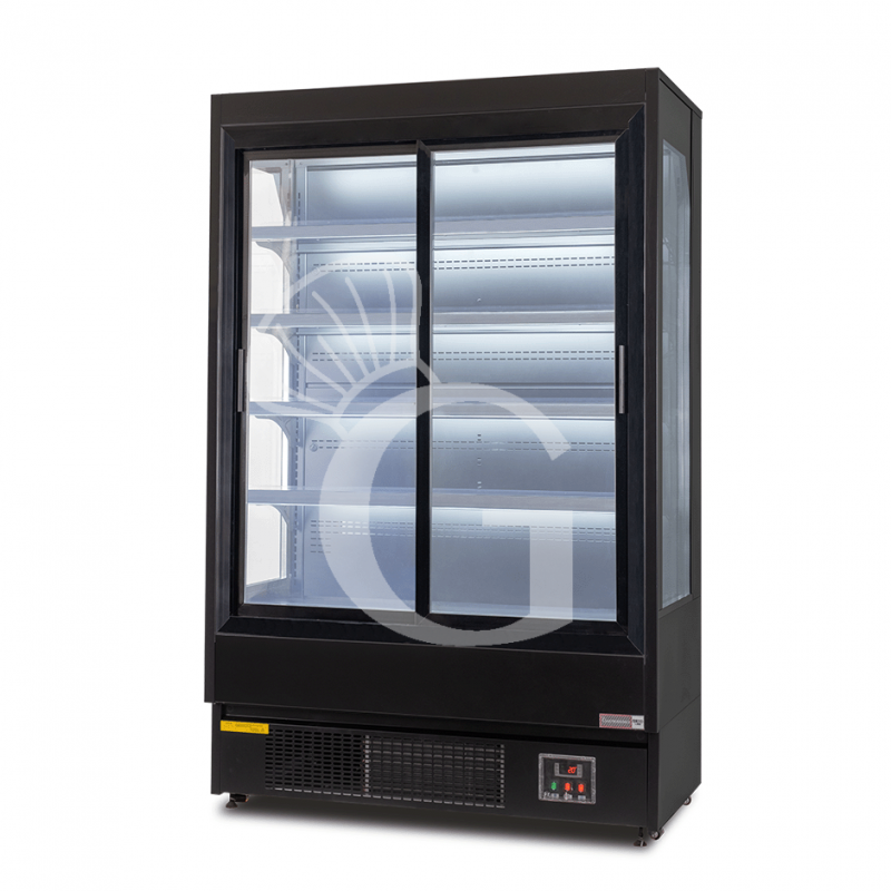 Murale espositivo ventilato nero con porte scorrevoli, temperatura -1°C/+7°C e L 1050 mm