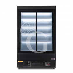 Murale espositivo ventilato nero con porte scorrevoli, temperatura -1°C/+7°C e L 1050 mm