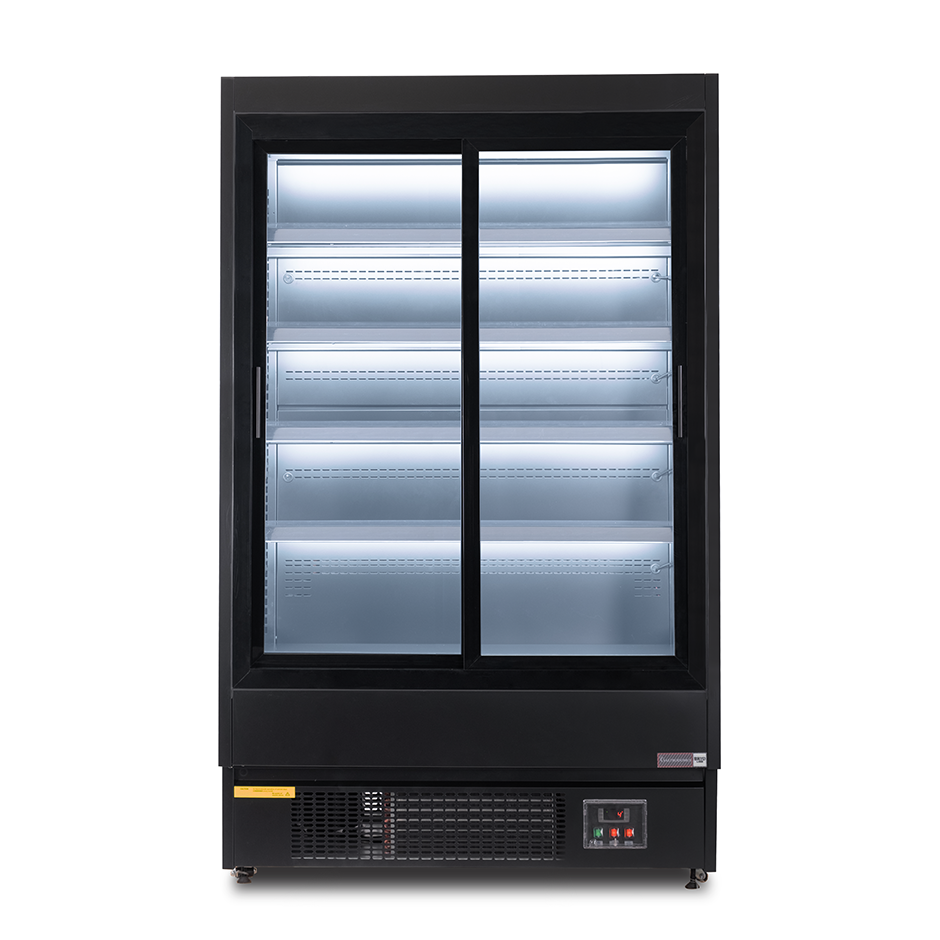 Murale espositivo ventilato nero con porte scorrevoli, temperatura -1°C/+7°C e L 1050 mm