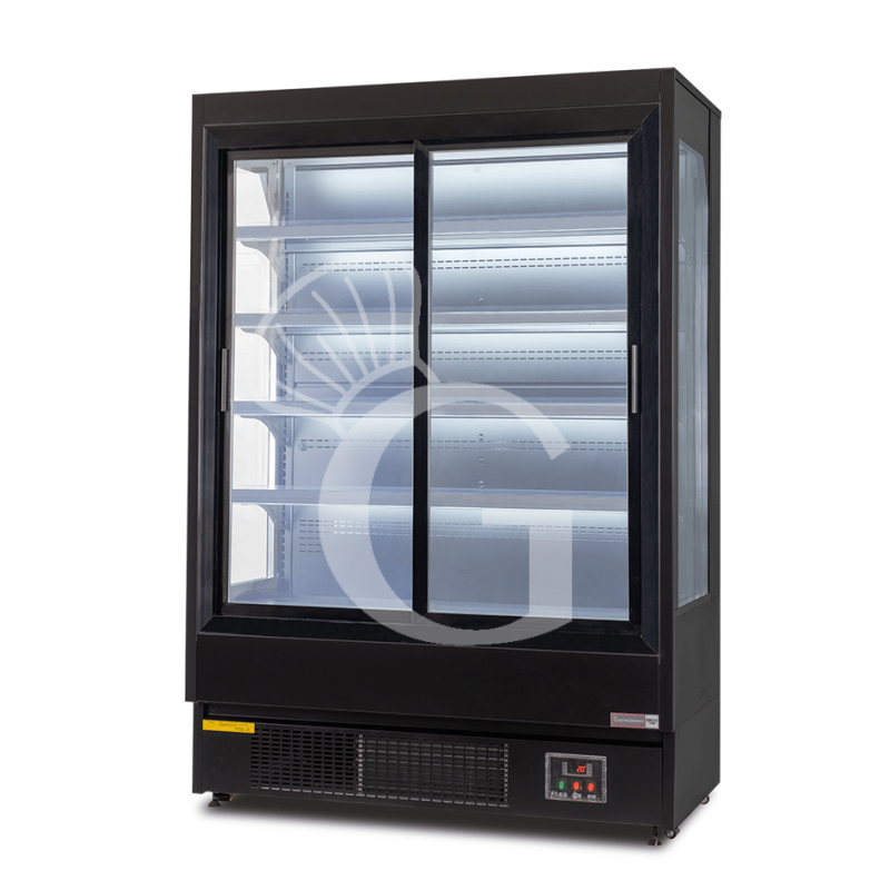 Murale espositivo ventilato nero con porte scorrevoli, temperatura -1°C/+7°C e L 1520 mm