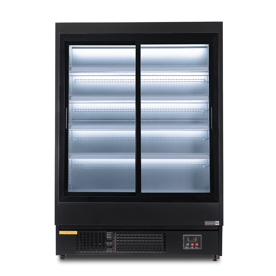 Murale espositivo ventilato nero con porte scorrevoli, temperatura -1°C/+7°C e L 1520 mm