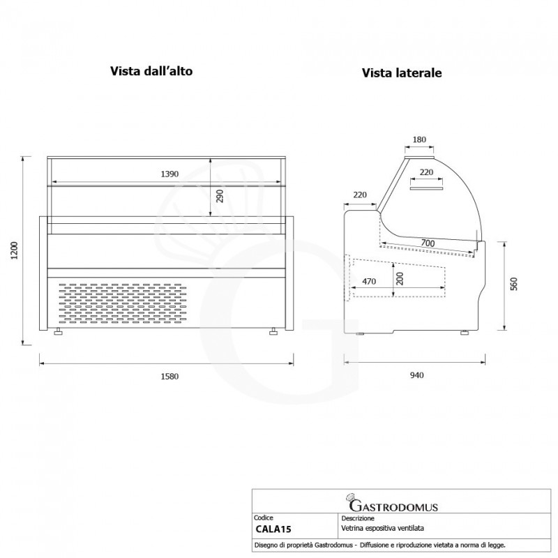 Banco refrigerato ventilato vetro curvo, 0°/+5°C, L 1580 mm, completo di luce, vetro intermedio e plexiglass posteriori