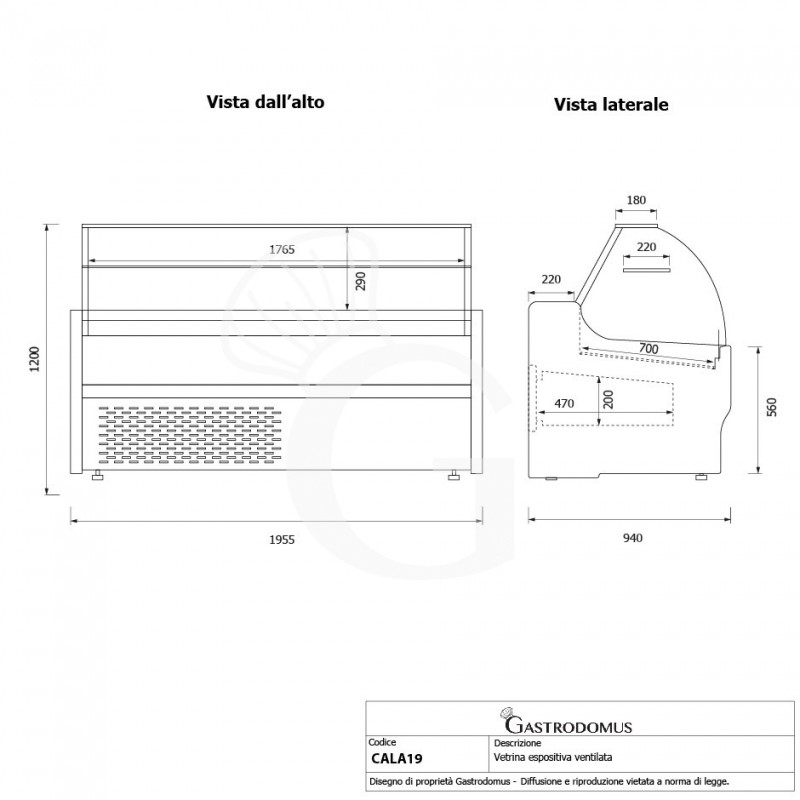 banco espositivo gastronomia ventilato vetro curvo ripiano intermedio 05c lunghezza 1955 mm full optional