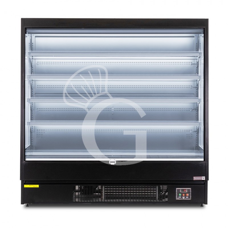 Murale espositivo ventilato nero con tenda notte, temperatura -1°C/+7°C e lunghezza 1920 mm