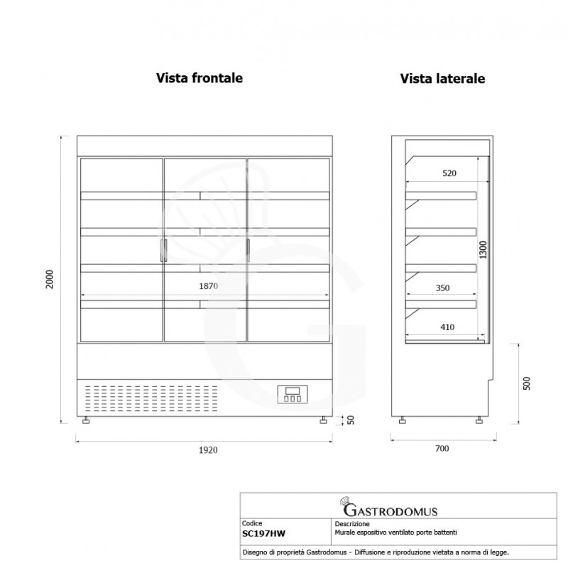 Murale espositivo ventilato bianco con porte battenti, temperatura -1°C/+7°C e L 1920mm