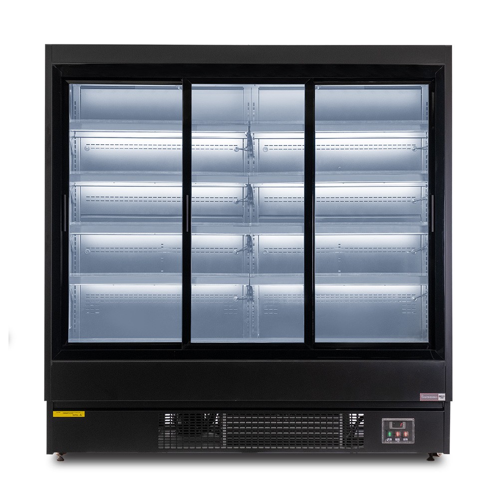 Murale espositivo ventilato nero con porte scorrevoli, temperatura -1°C/+7°C e L 1920mm