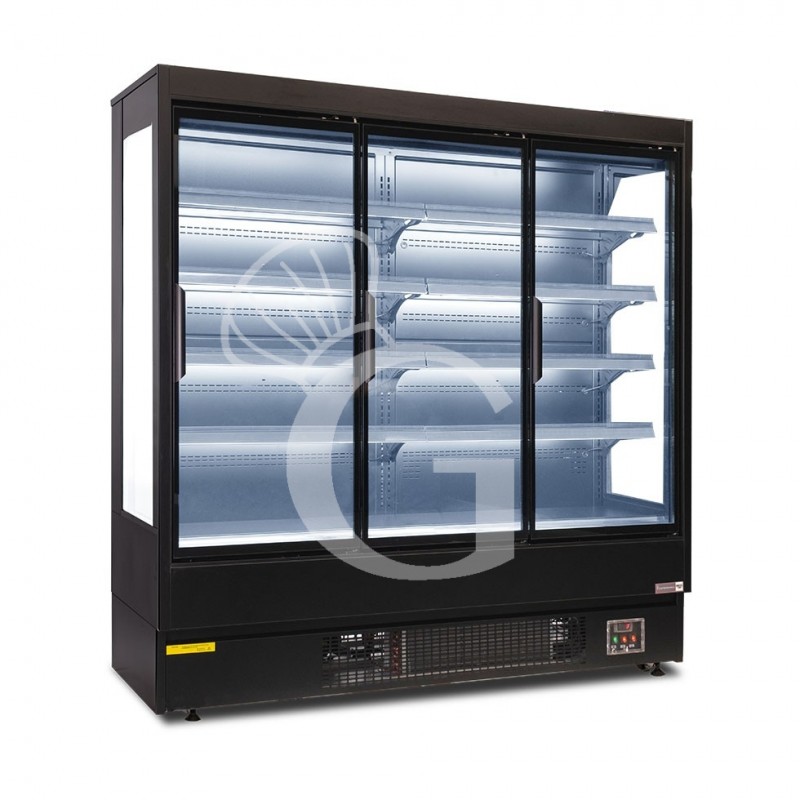 Murale espositivo ventilato nero con porte battenti, temperatura -1°C/+7°C e L 1920mm