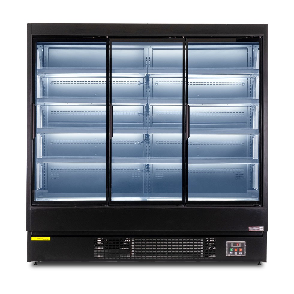 Murale espositivo ventilato nero con porte battenti, temperatura -1°C/+7°C e L 1920mm