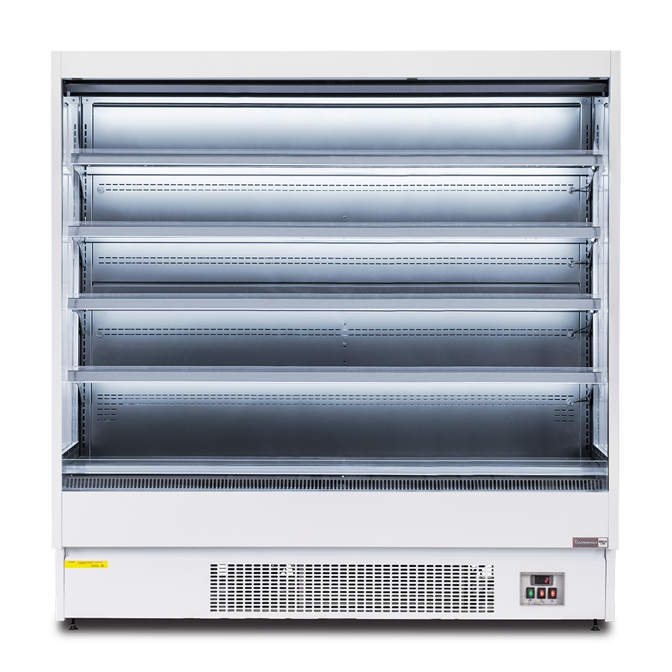 Murale espositivo ventilato bianco con tenda notte, temperatura -1°C/+7°C e lunghezza 1920 mm