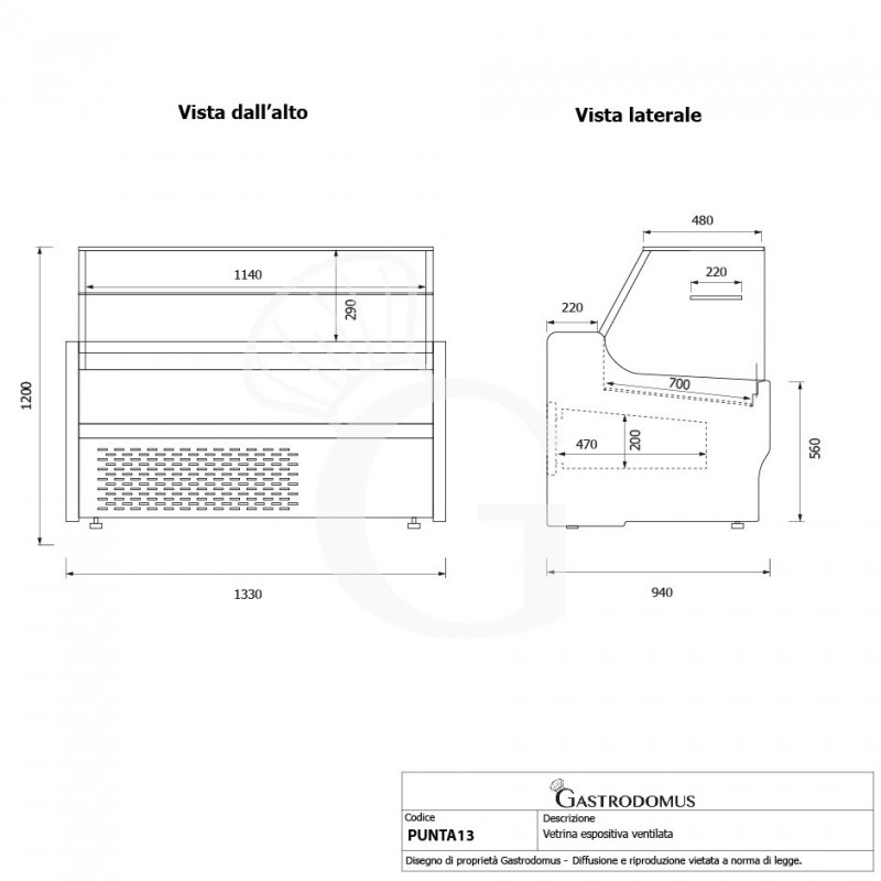 Banco refrigerato ventilato vetro dritto, 0°/+5°C, L 1330 mm, completo di luce, vetro intermedio e plexiglass posteriori