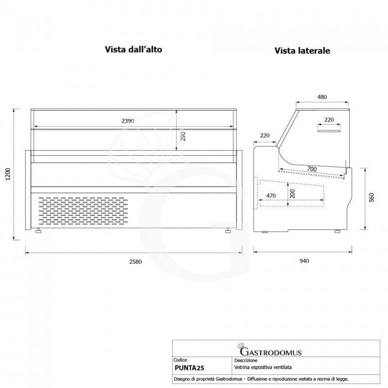 banco espositivo gastronomia ventilato vetro dritto ripiano intermedio 05c lunghezza 2580 mm full optional