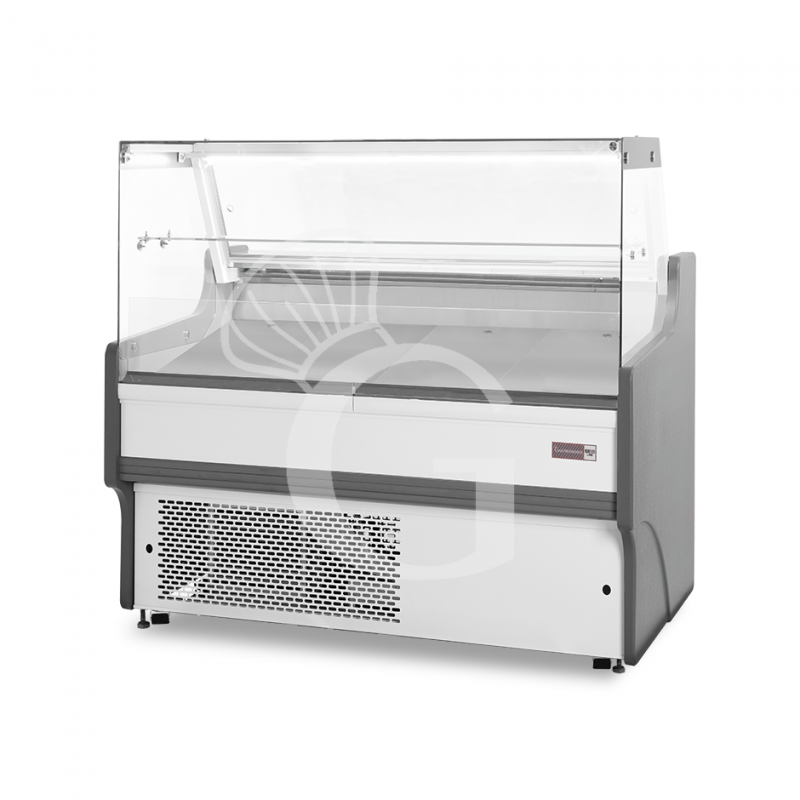 Banco refrigerato ventilato vetro dritto, 0°/+5°C, L 1330 mm, completo di luce, vetro intermedio e plexiglass posteriori