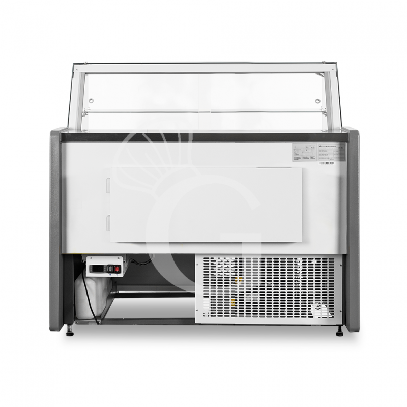 Banco refrigerato ventilato vetro dritto, 0°/+5°C, L 1330 mm, completo di luce, vetro intermedio e plexiglass posteriori